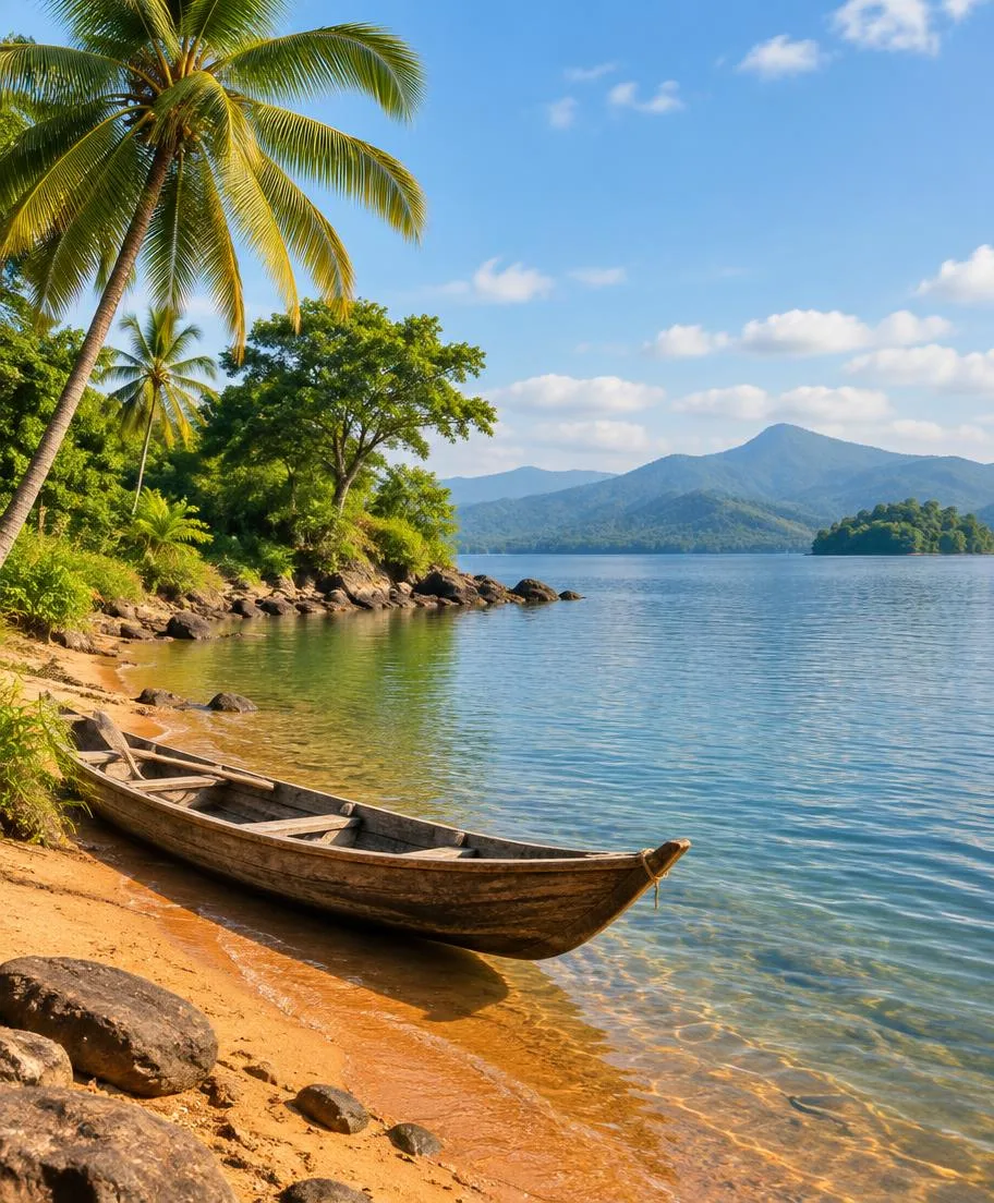 Conceptual lakeside shoreline and canoe
